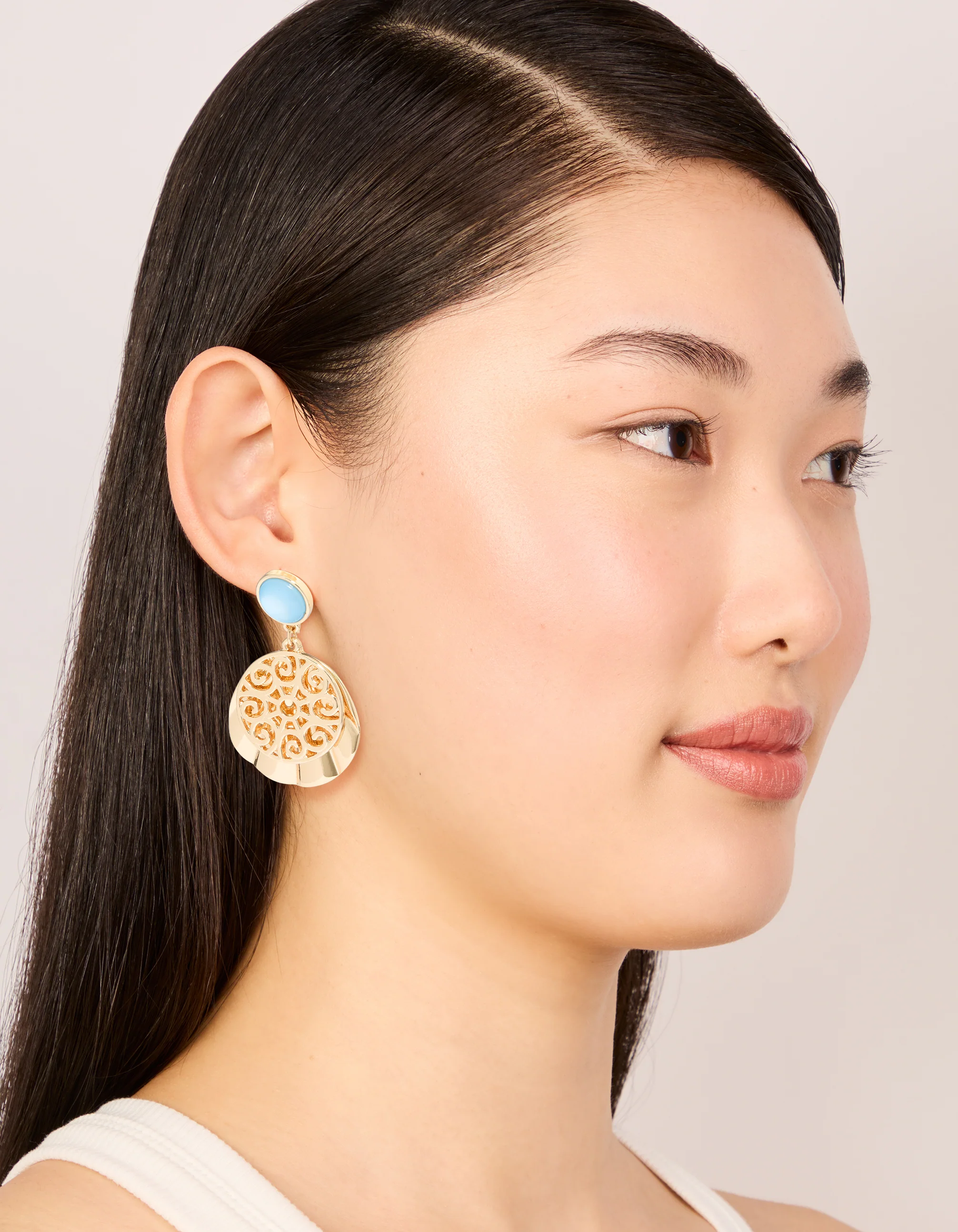 Gold Blue Circle & Swirl Drop Earrings - Image 3