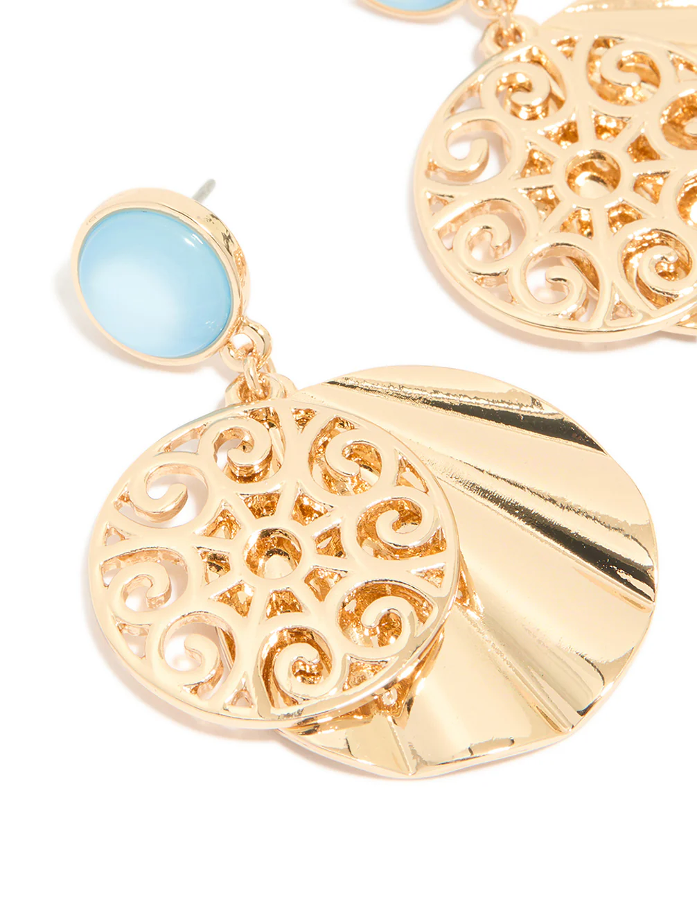 Gold Blue Circle & Swirl Drop Earrings - Image 4