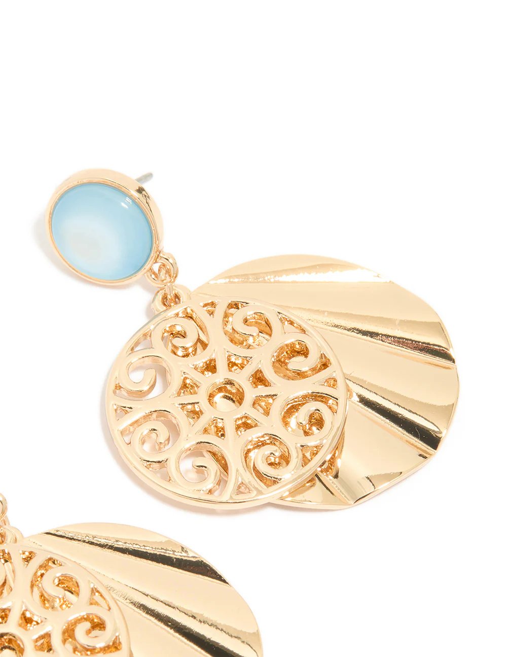 Gold Blue Circle & Swirl Drop Earrings - Image 5