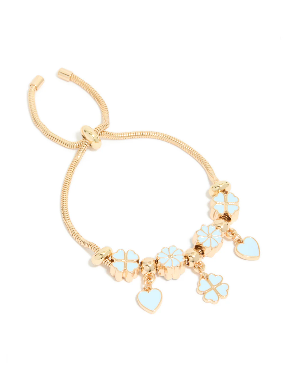 Gold Blue Clover & Heart Charm Toggle Bracelet - Image 2