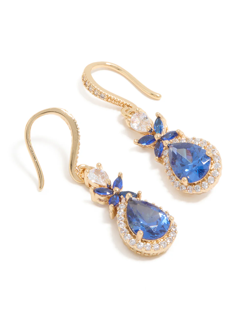 Gold Blue Cubic Zirconia Flower Drop Earrings - Image 2