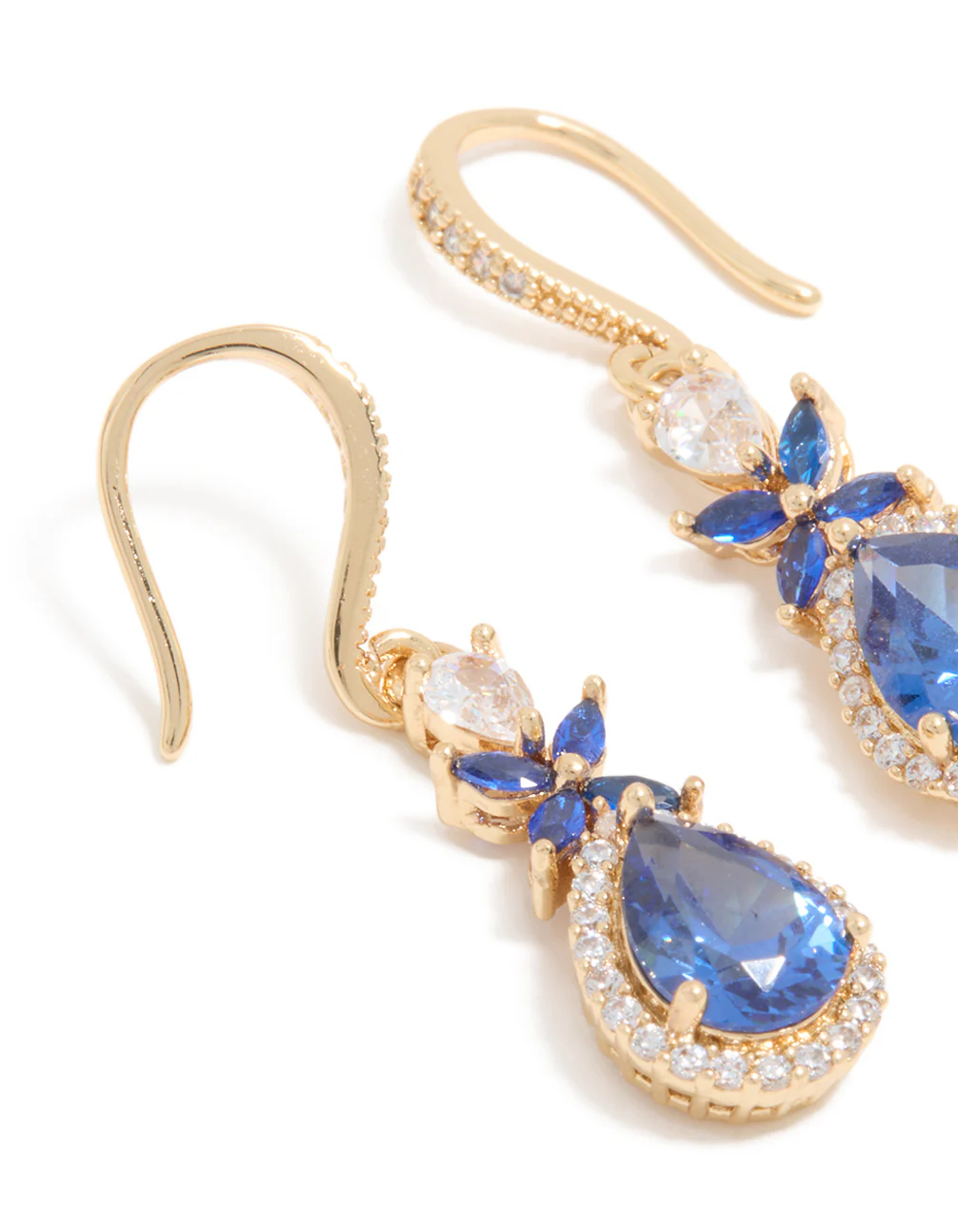 Gold Blue Cubic Zirconia Flower Drop Earrings - Image 4