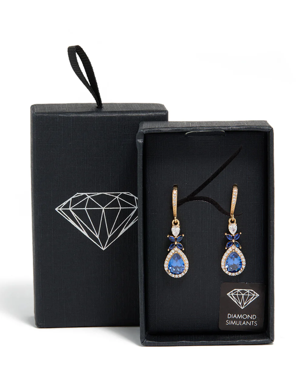 Gold Blue Cubic Zirconia Flower Drop Earrings - Image 5
