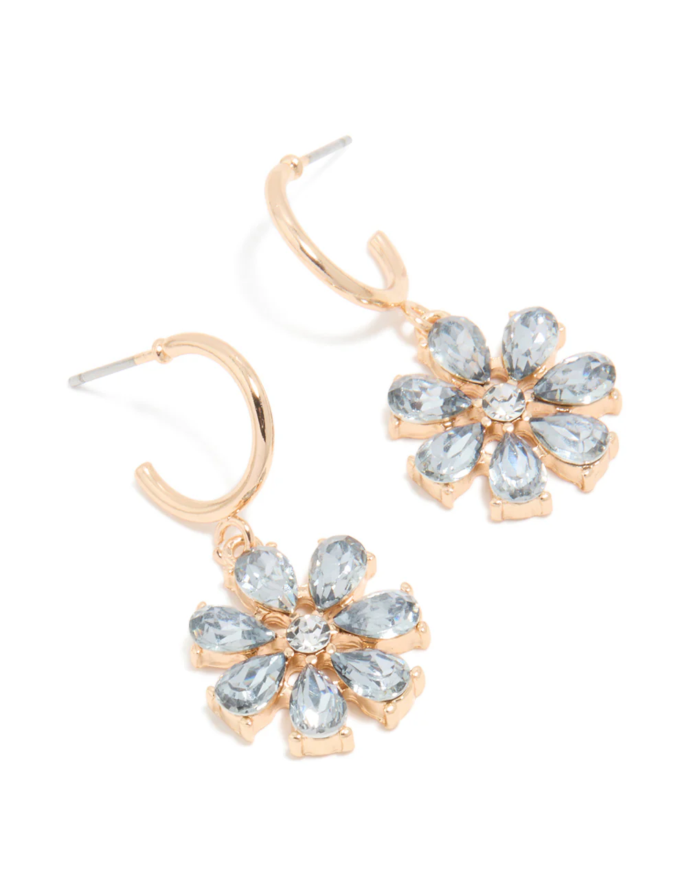 Gold Blue Diamante Flower Hoop Earrings