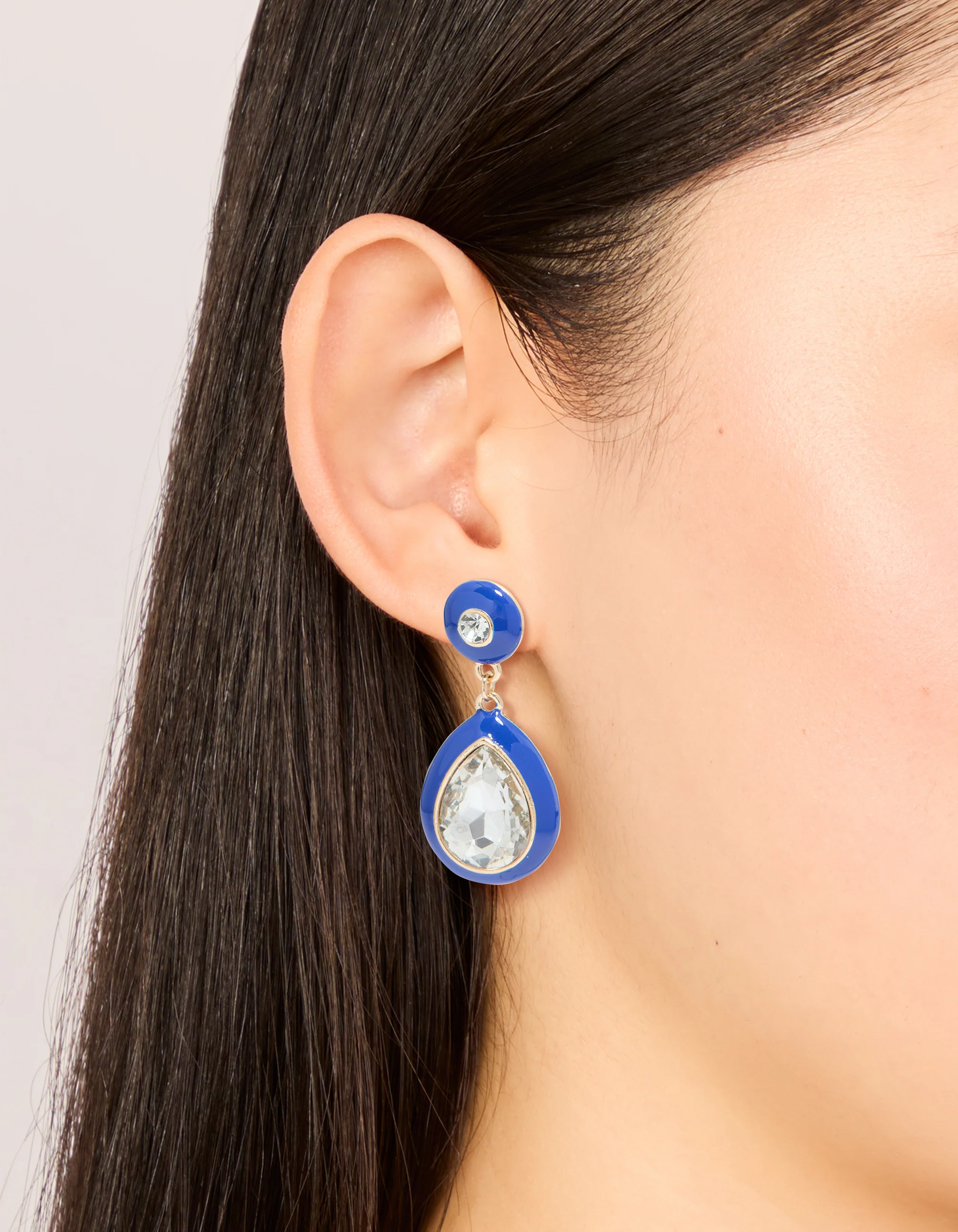 Gold Blue Enamel & Pear Clear Diamante Drop Earrings - Image 2