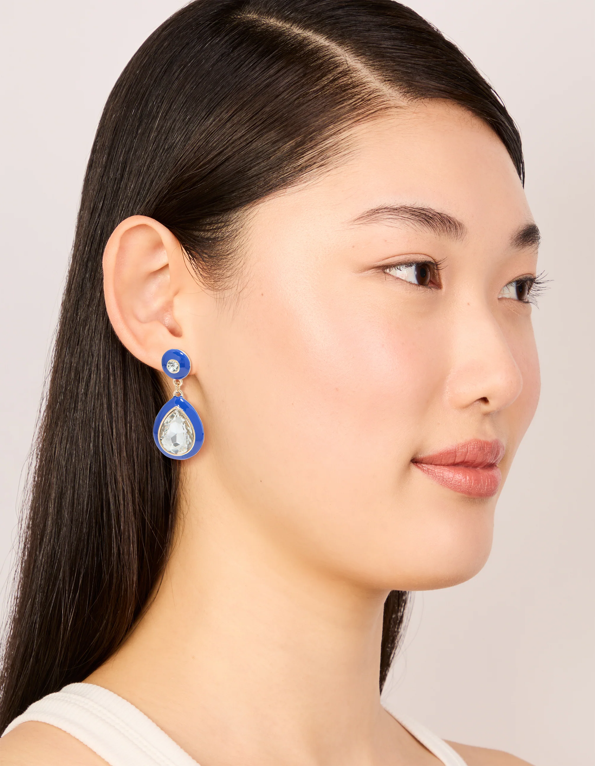 Gold Blue Enamel & Pear Clear Diamante Drop Earrings - Image 3