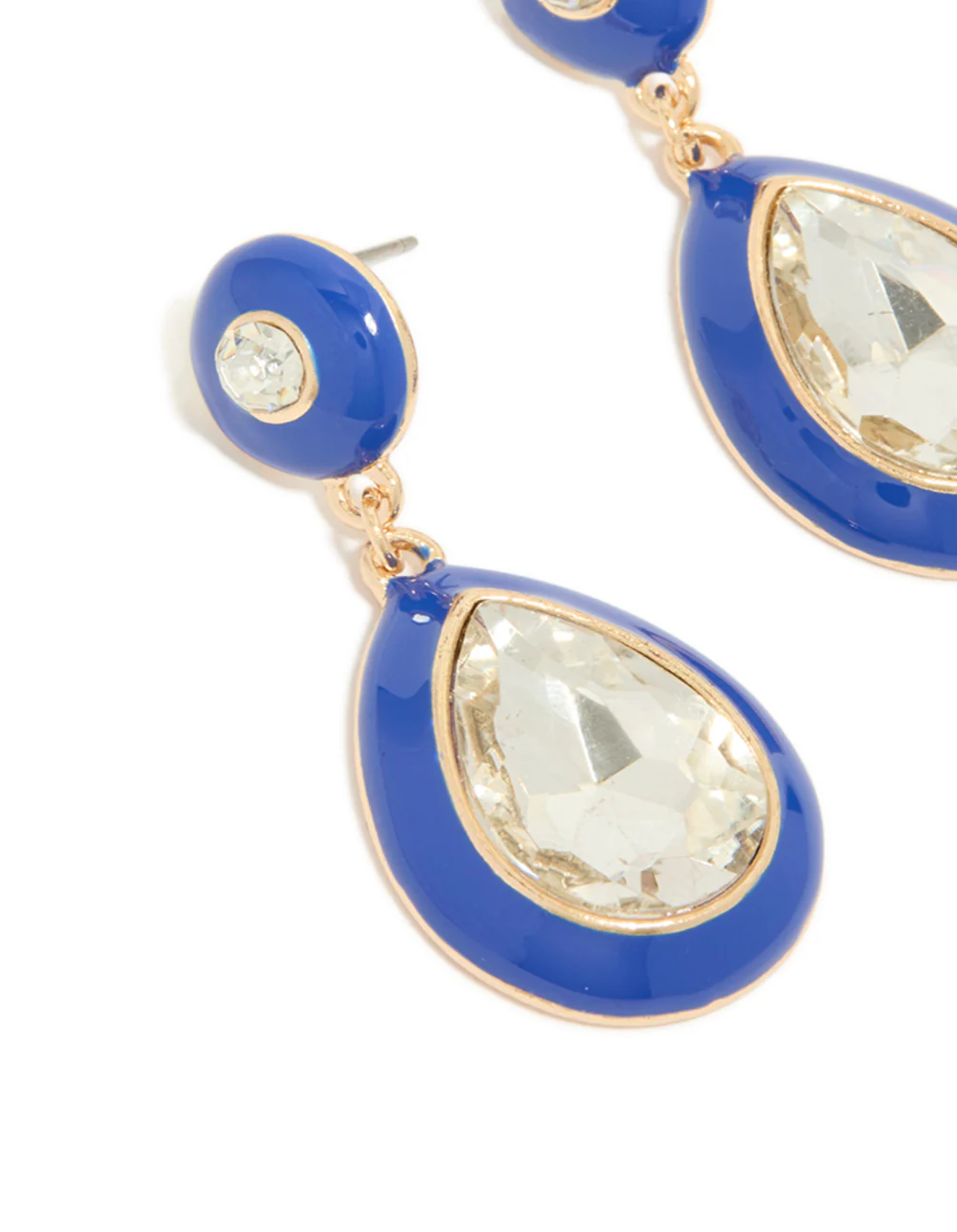 Gold Blue Enamel & Pear Clear Diamante Drop Earrings - Image 4