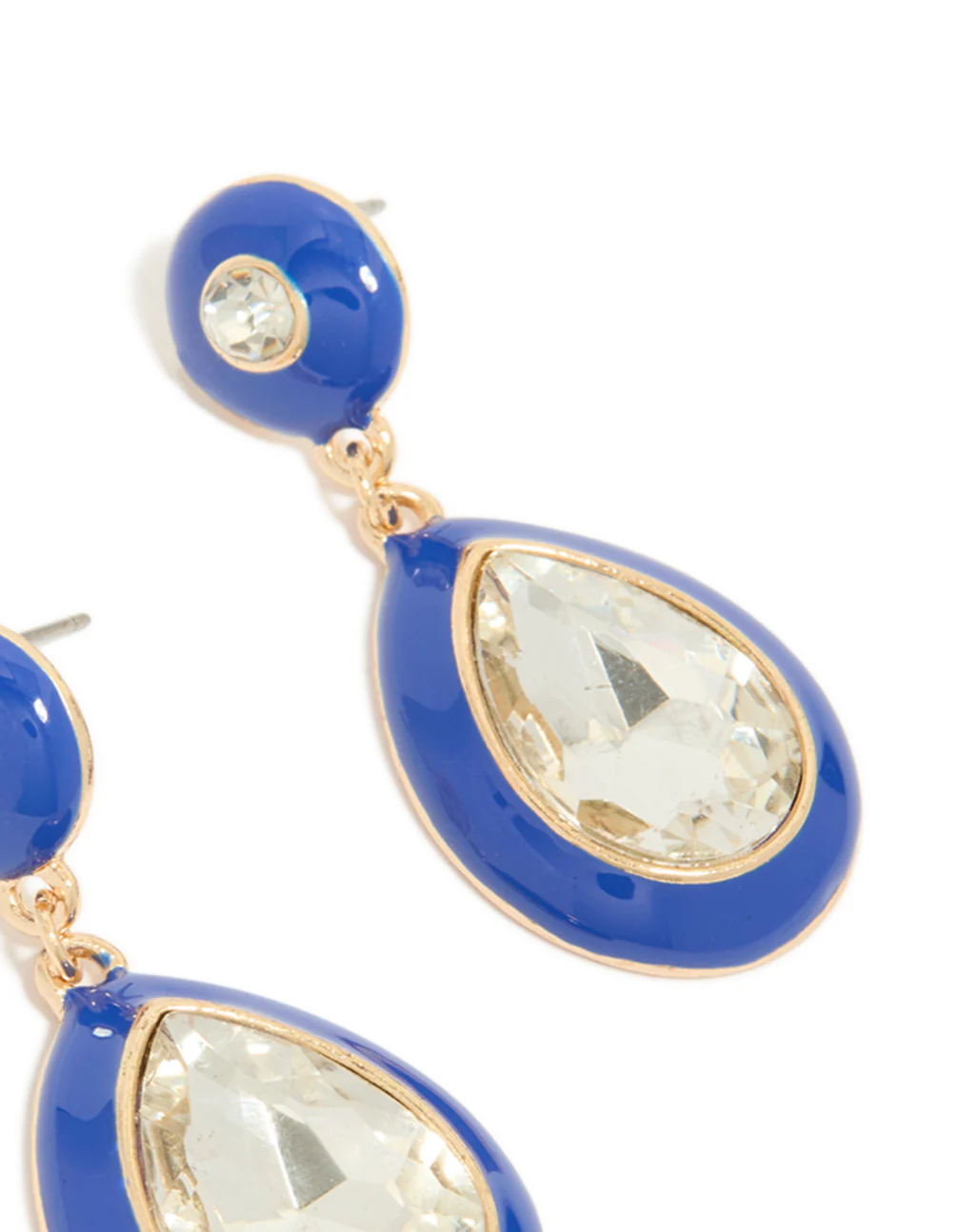 Gold Blue Enamel & Pear Clear Diamante Drop Earrings - Image 5