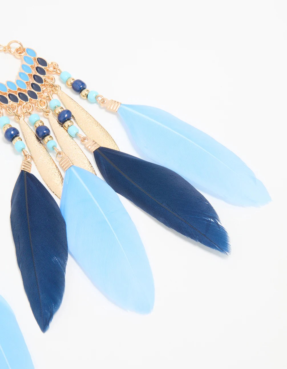 Gold Blue Feather Tassel Drop Earrings - Image 5