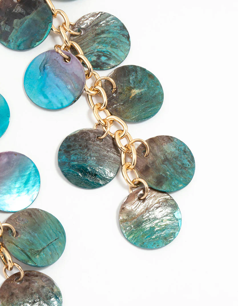Gold Blue Genuine Shell Disc Chain Drop Earrings - Image 5