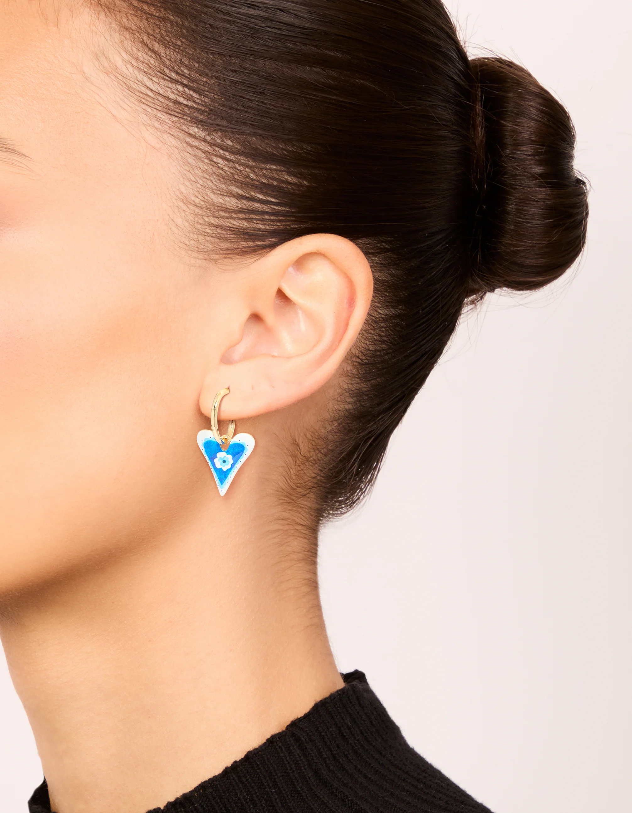 Gold Blue Heart With A Flower Inside Huggie Earrings