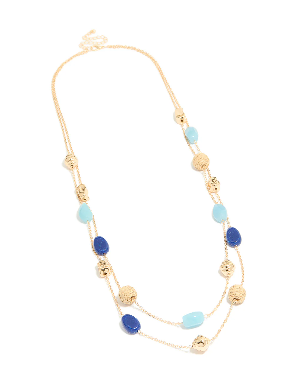 Gold Blue & Raffia Beaded Layered Necklace - Image 2
