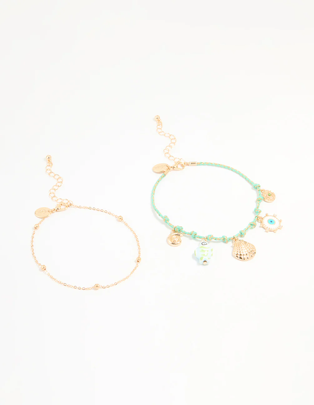 Gold Blue Rope Shell Charm & Chain Anklets 2-Pack