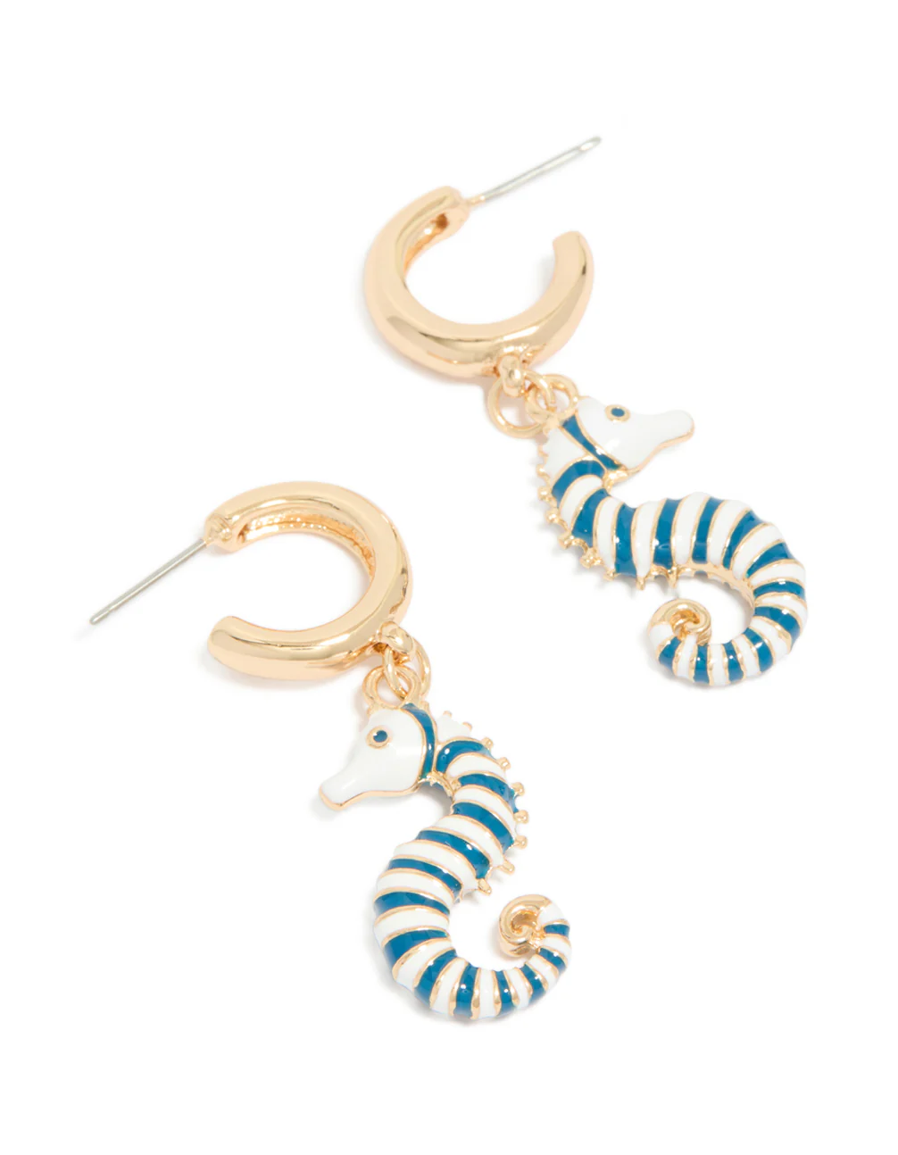 Gold Blue & White Seahorse Open Hoop Earrings - Image 2