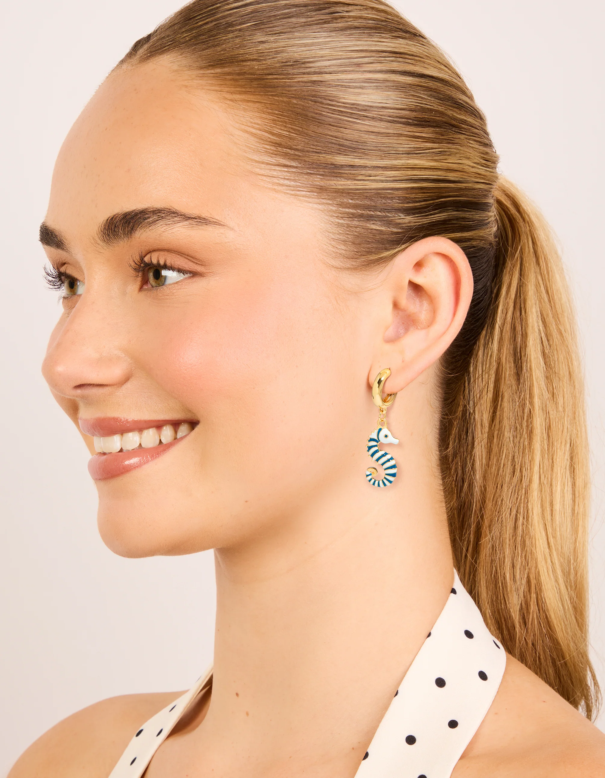 Gold Blue & White Seahorse Open Hoop Earrings - Image 3