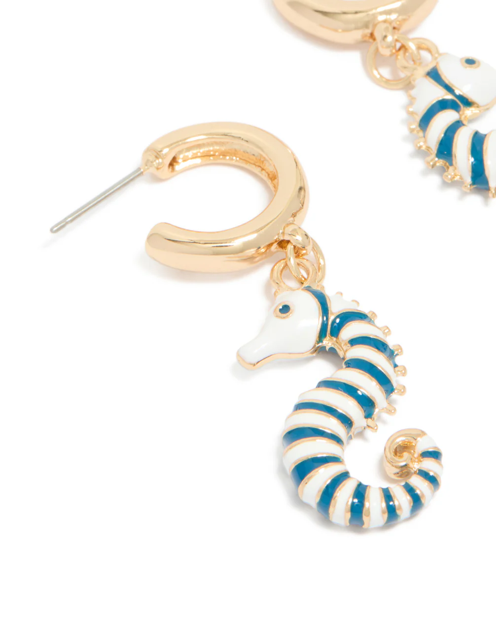 Gold Blue & White Seahorse Open Hoop Earrings - Image 4