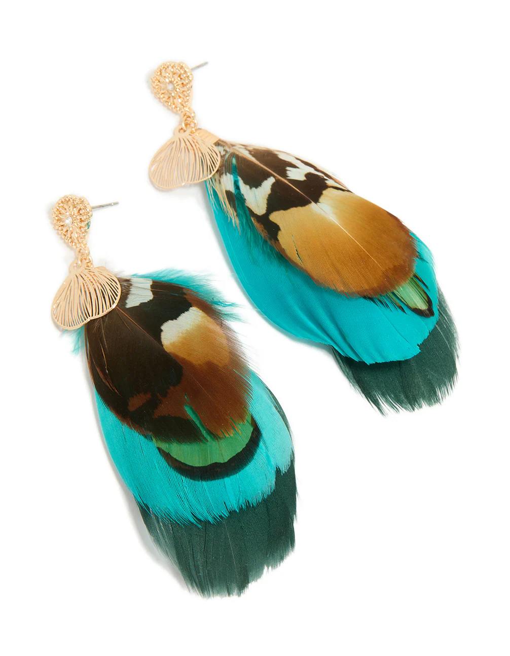 Gold Brown & Blue Feather Drop Earrings - Image 2