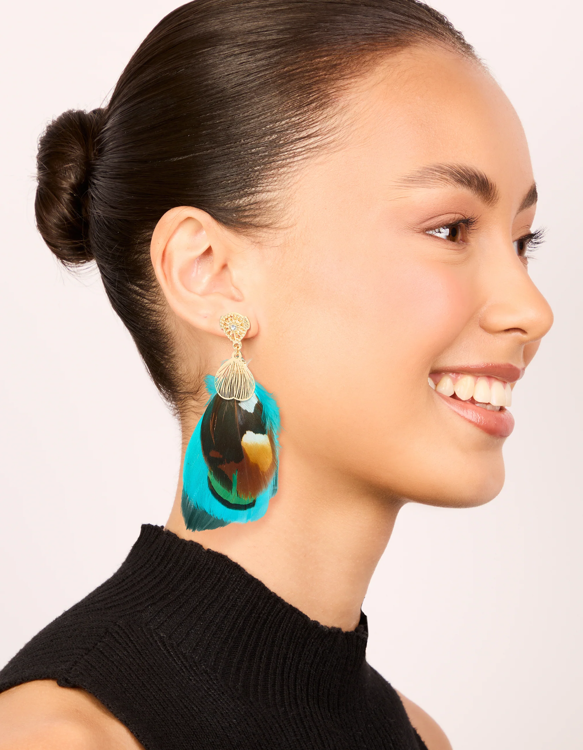 Gold Brown & Blue Feather Drop Earrings - Image 3