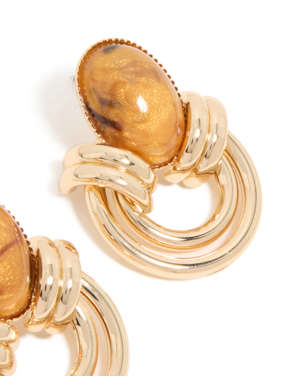 Gold Brown Stone & Double Lined Stud Earrings - Image 5