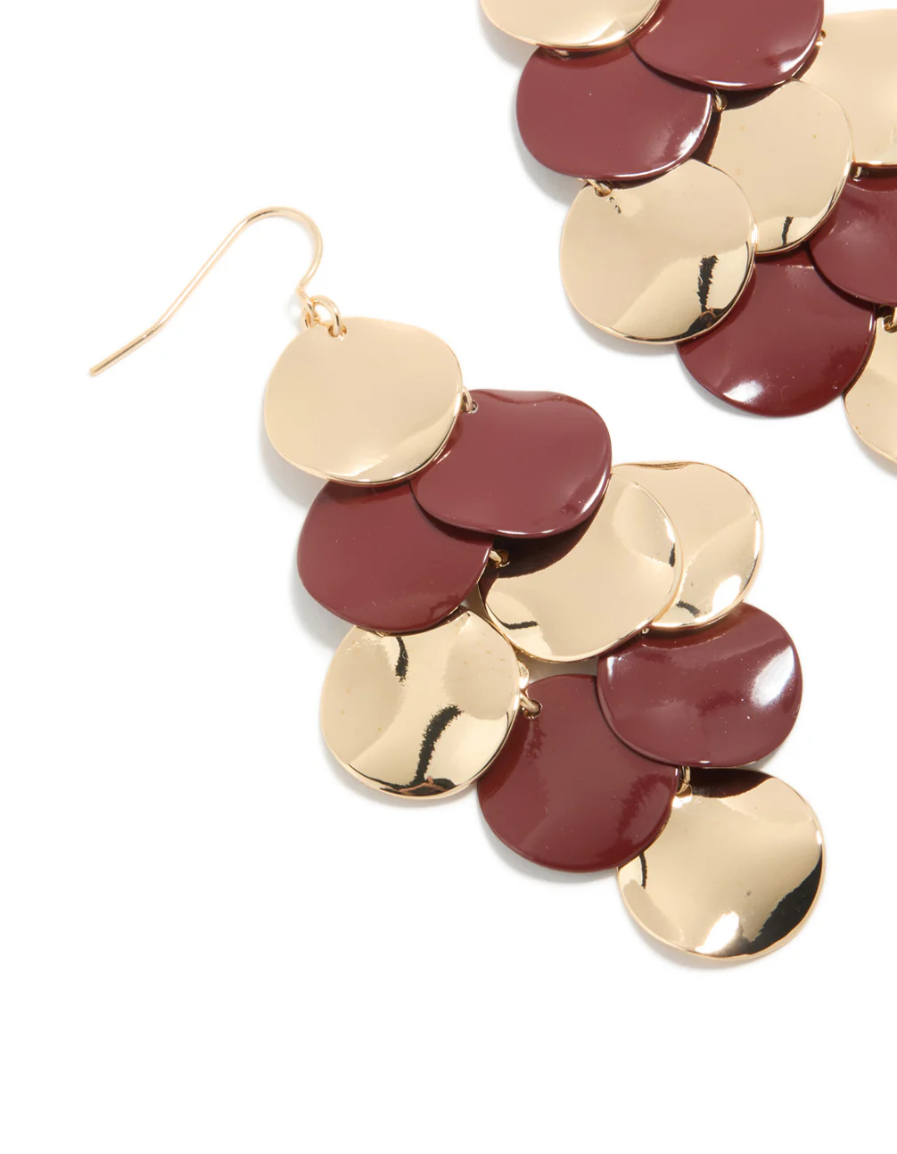 Gold & Burgundy Layered Disc Drop Earrings - Image 4