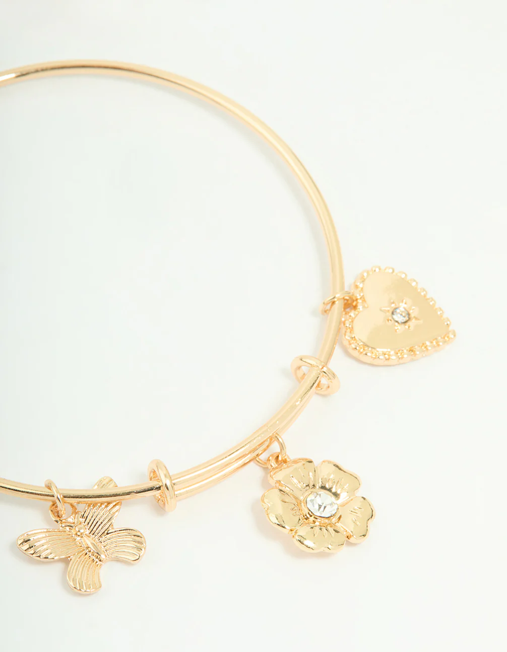 Gold Butterfly Heart & Flower Charm Adjustable Bangle - Image 2
