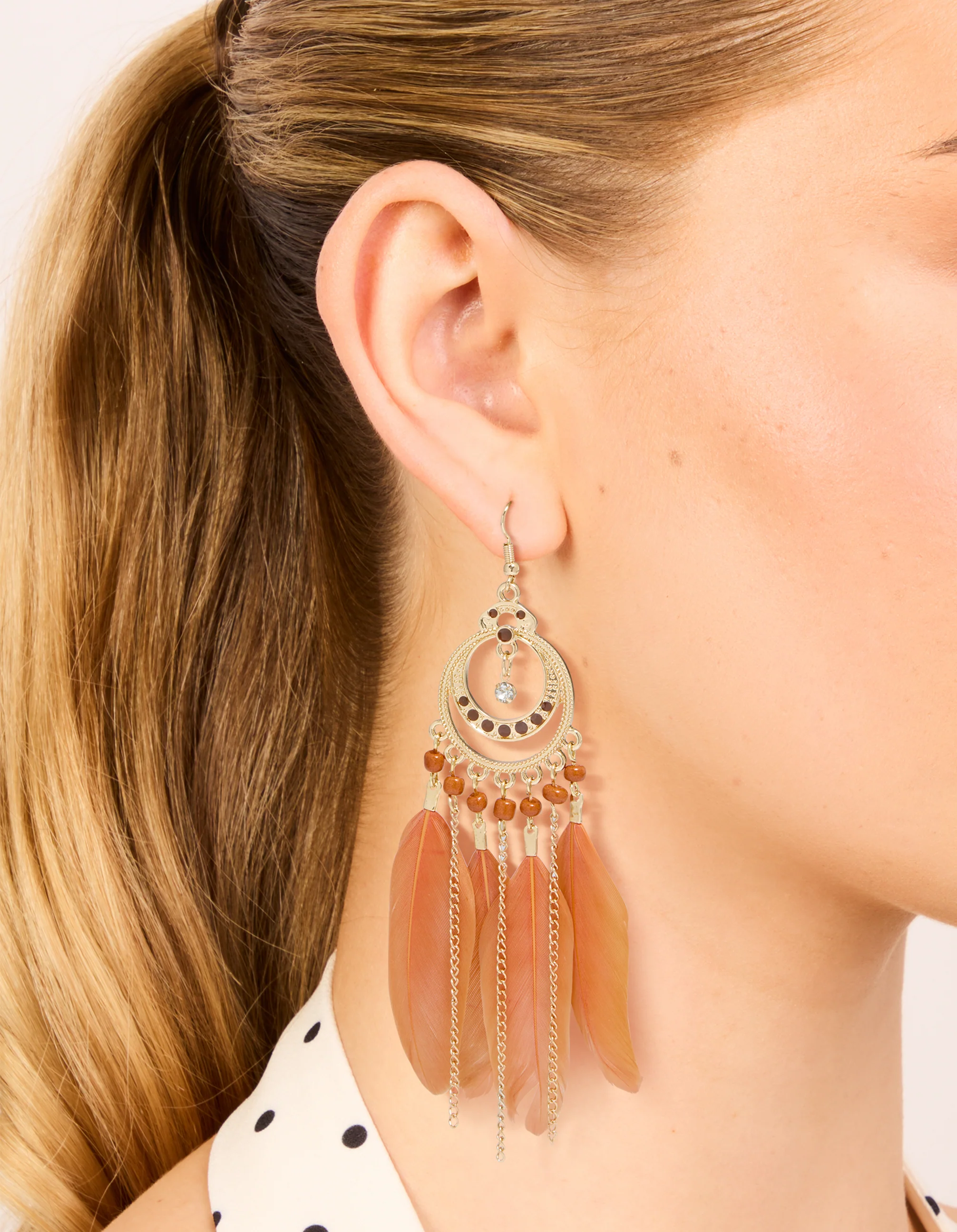 Gold Celestial Boho Orange Feather Drop Earrings - Image 2