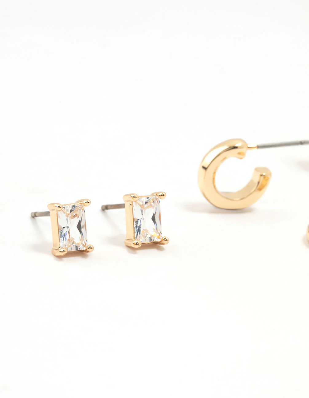 Gold Classic Cubic Zirconia Stud & Hoop Earrings 3-Pack - Image 2