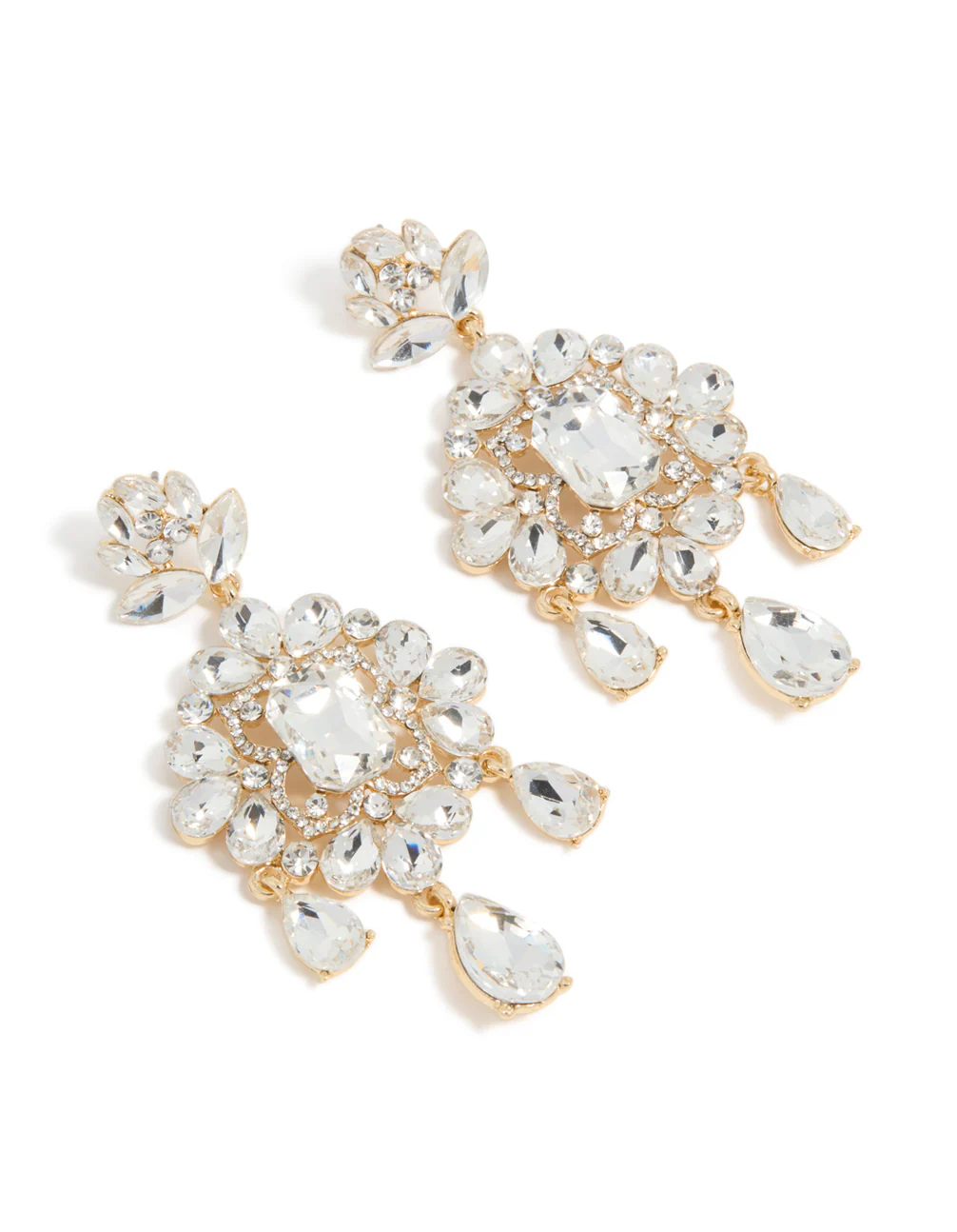 Gold Clear Diamante Square Drop Earrings - Image 2