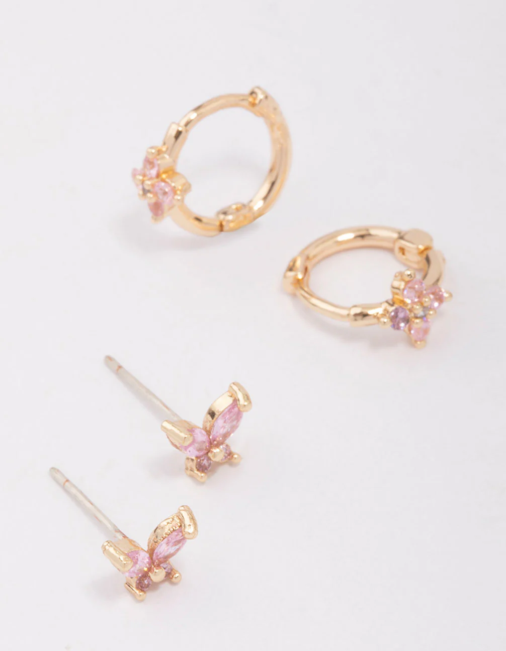 Gold Cubic Zirconia Butterfly & Flower Earring 3-Pack - Image 2