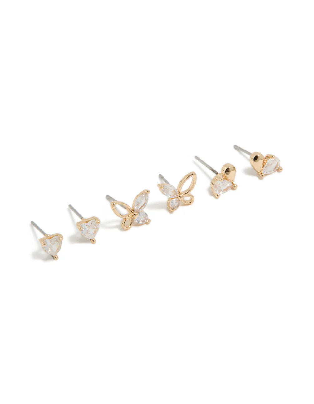 Gold Cubic Zirconia Butterfly & Heart Stud Earrings 3-Pack - Image 2