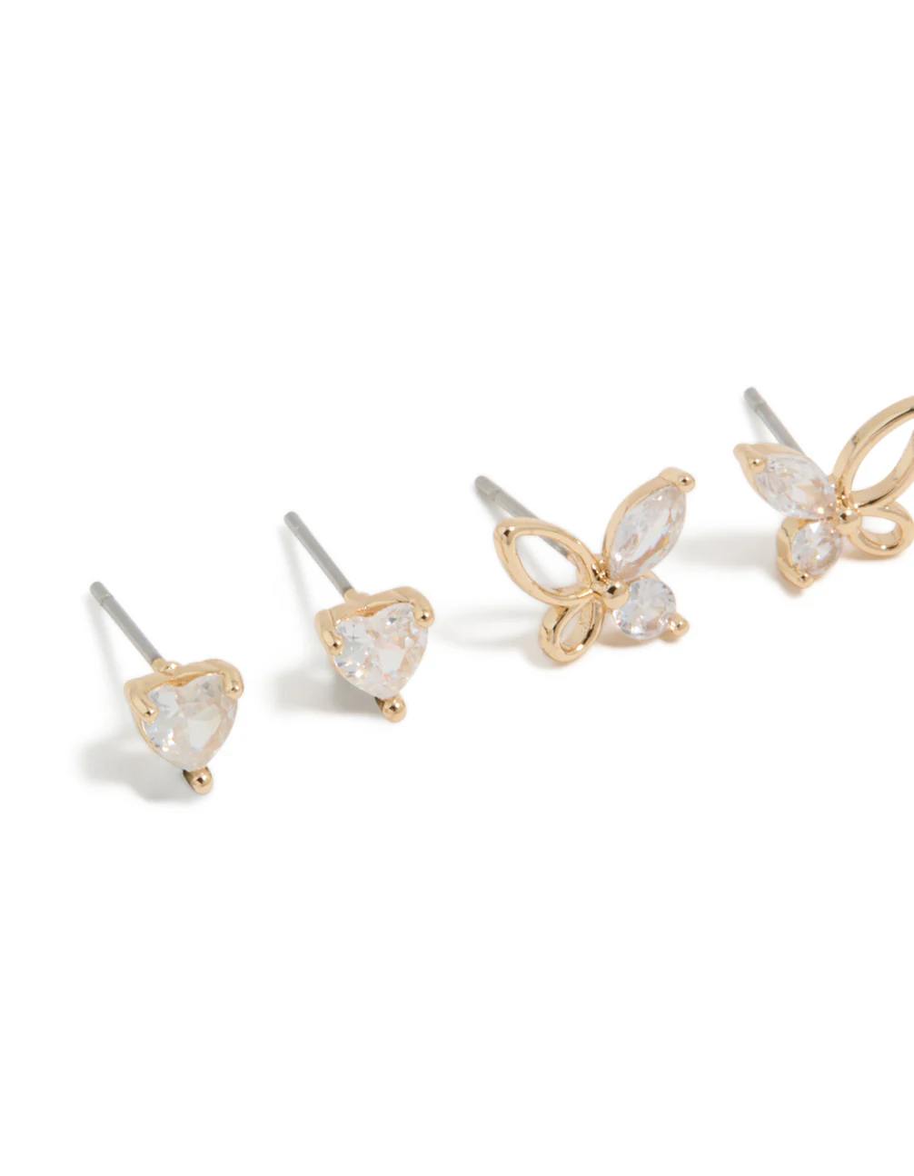 Gold Cubic Zirconia Butterfly & Heart Stud Earrings 3-Pack - Image 4