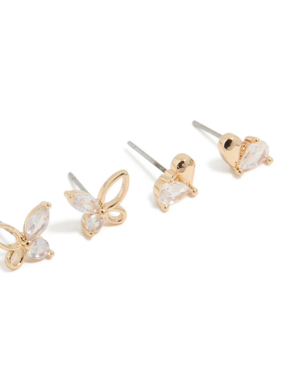 Gold Cubic Zirconia Butterfly & Heart Stud Earrings 3-Pack - Image 5