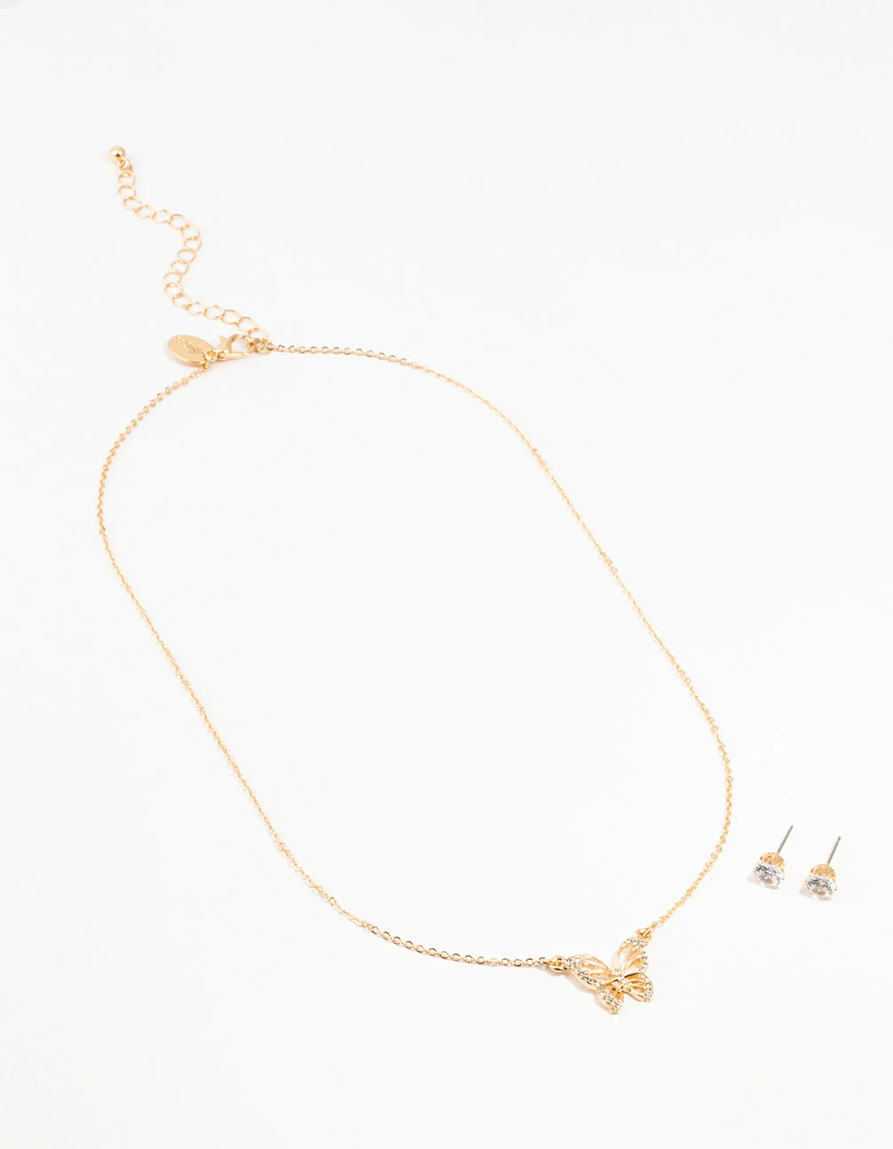 Gold Cubic Zirconia Butterfly Necklace & Stud Earrings Set - Image 2
