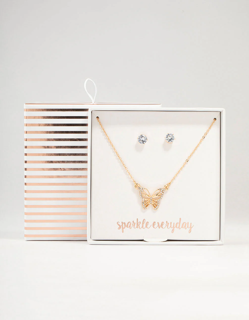 Gold Cubic Zirconia Butterfly Necklace & Stud Earrings Set - Image 3