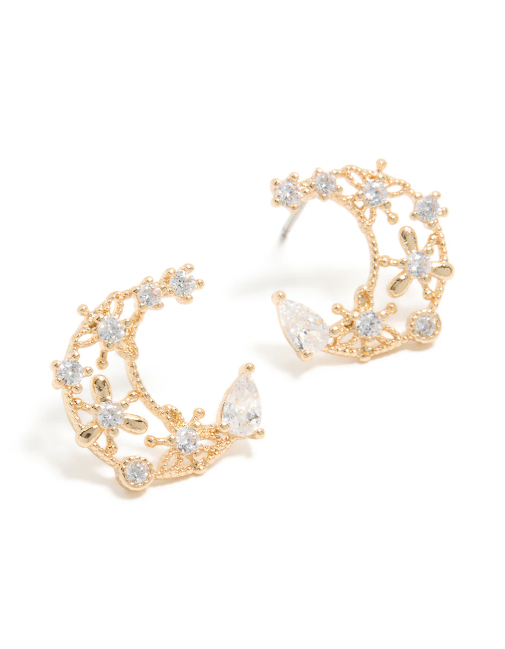 Gold Cubic Zirconia Celestial Moon Stud Earrings - Image 2