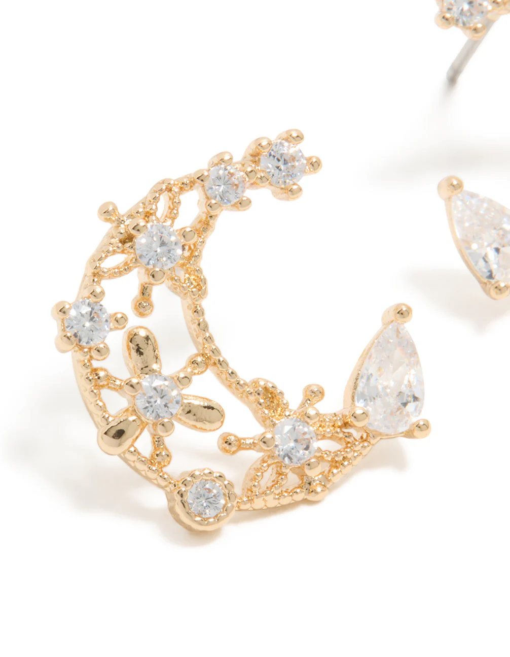 Gold Cubic Zirconia Celestial Moon Stud Earrings - Image 4