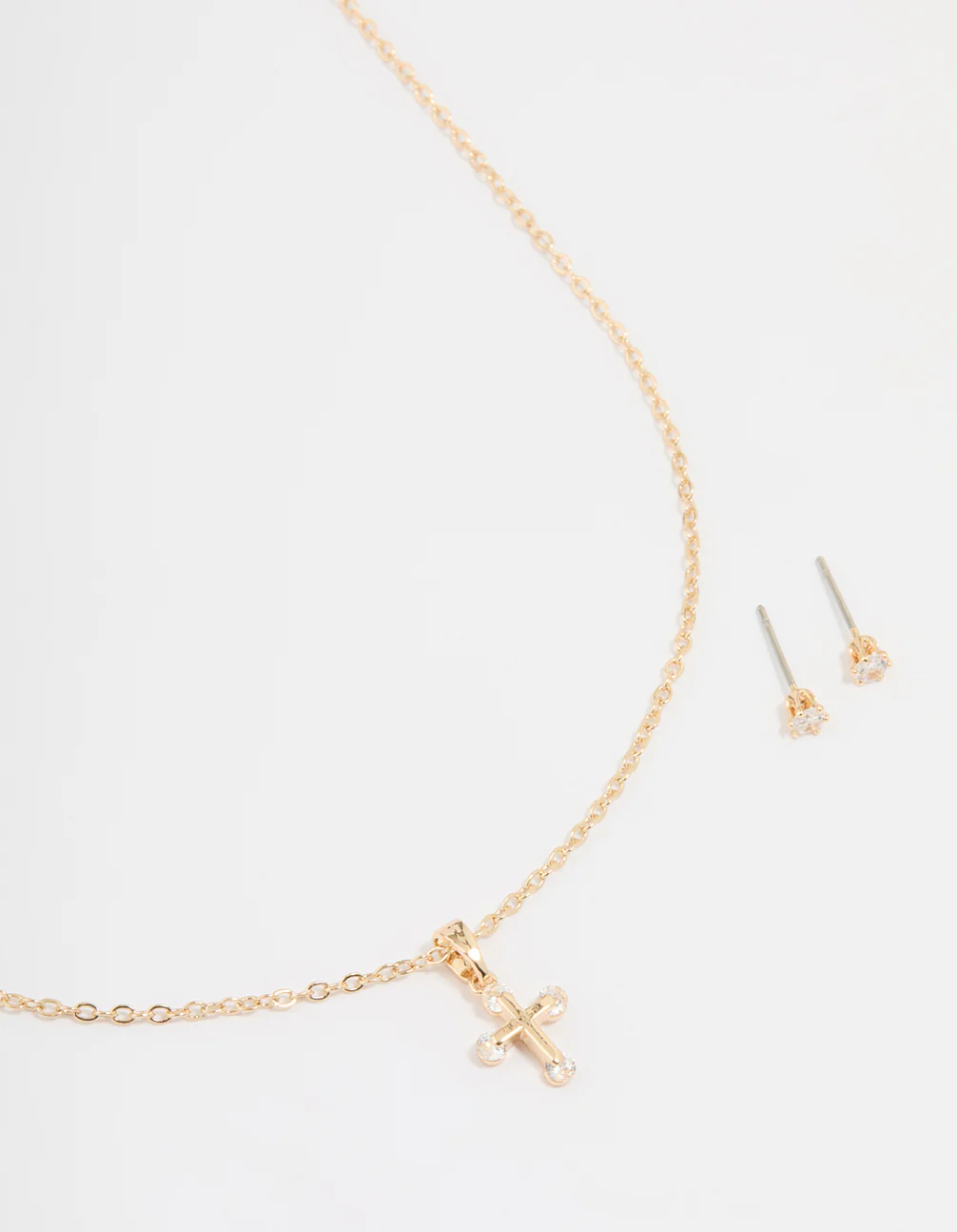 Gold Cubic Zirconia Cross Necklace & Earrings Set