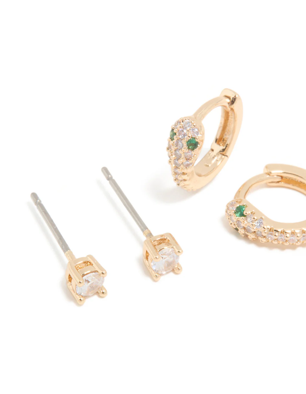 Gold Cubic Zirconia Cross & Snake Earrings 3-Pack - Image 4