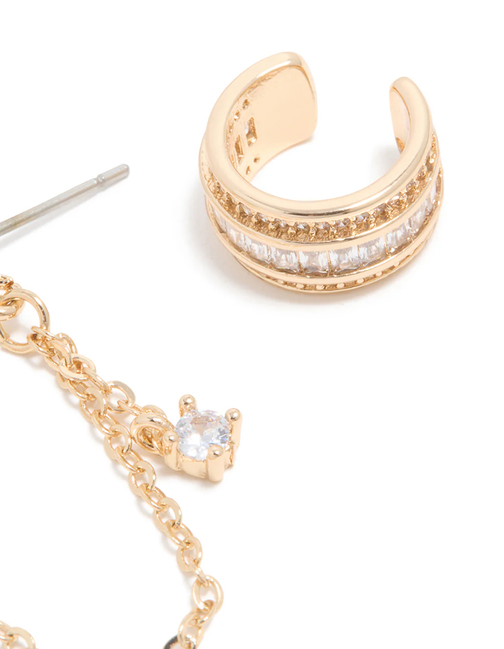 Gold Cubic Zirconia Double Chain Earrings & Ear Cuff 3-Pack - Image 3