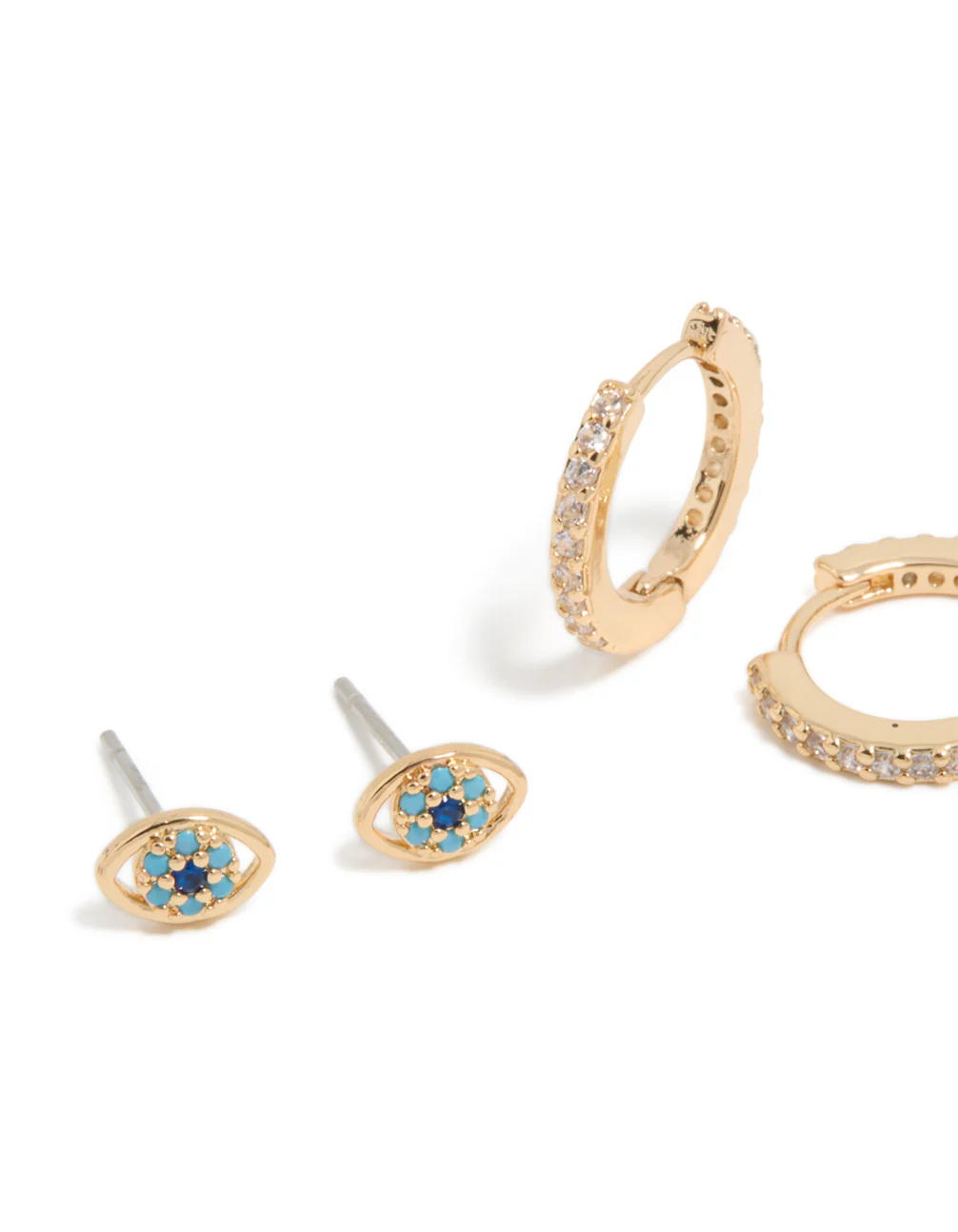 Gold Cubic Zirconia Evil Eye & Cross Earrings 3-Pack - Image 4
