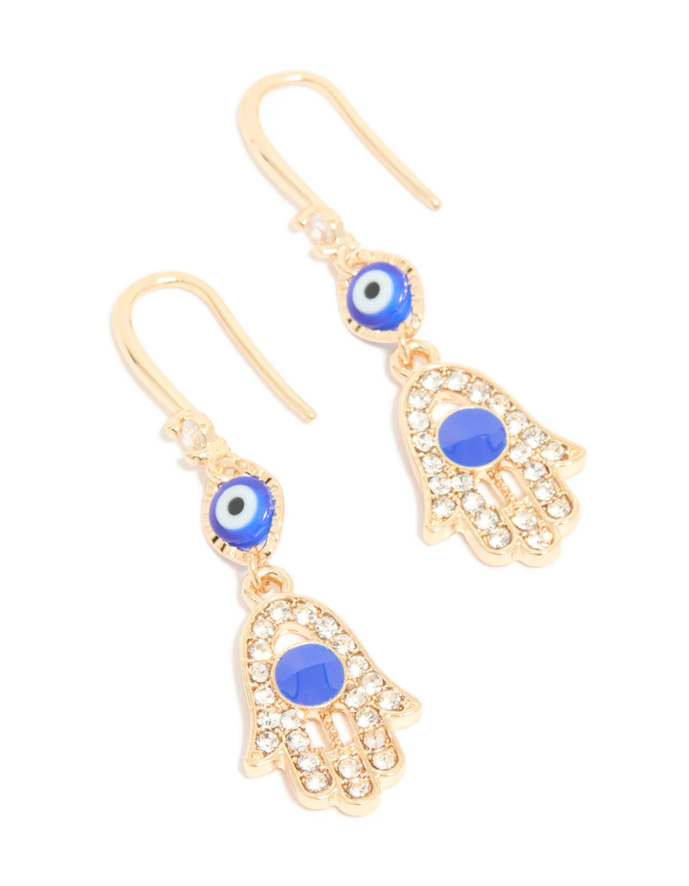 Gold Cubic Zirconia Evil Eye & Hamsa Hand Drop Earrings - Image 2