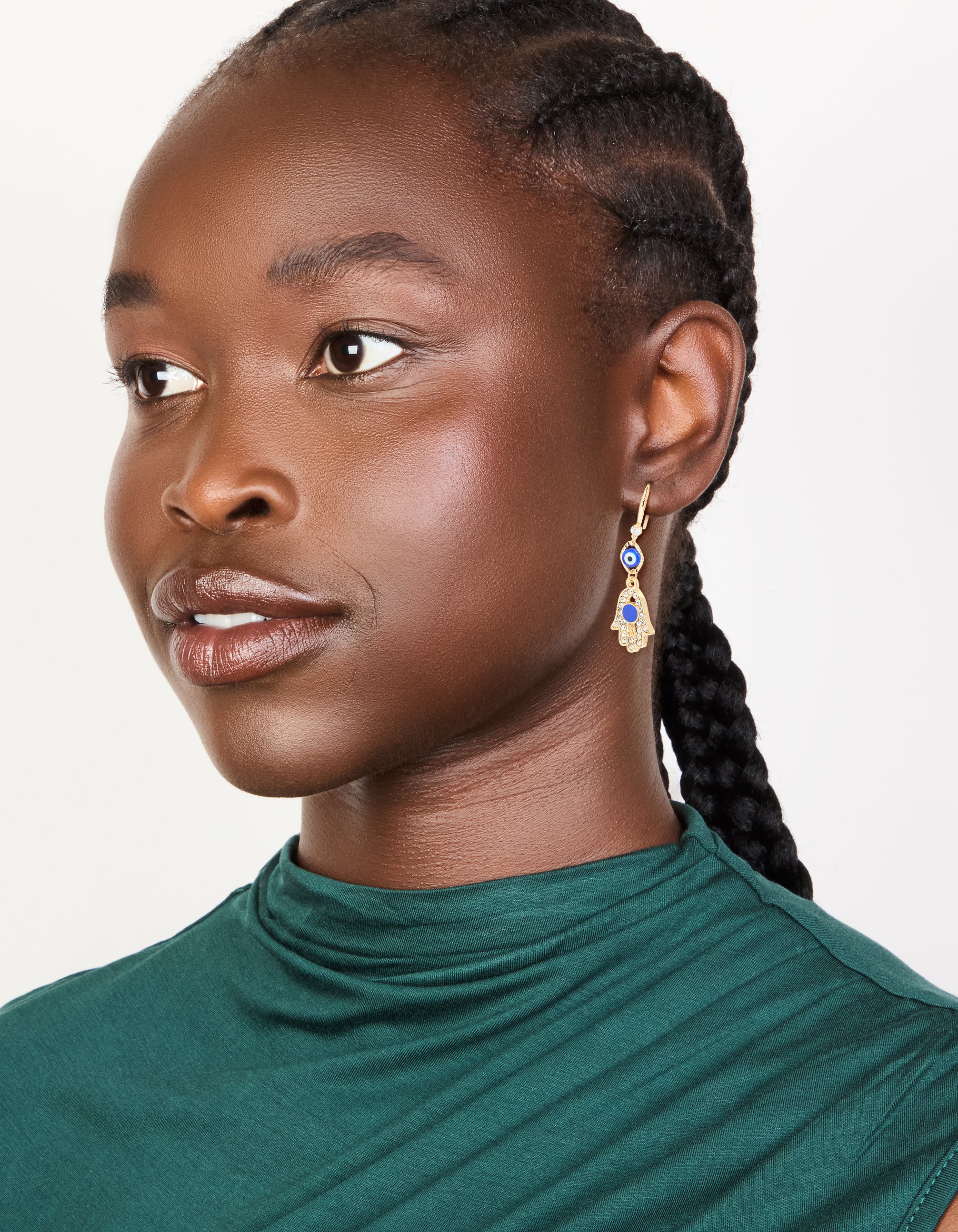 Gold Cubic Zirconia Evil Eye & Hamsa Hand Drop Earrings - Image 3