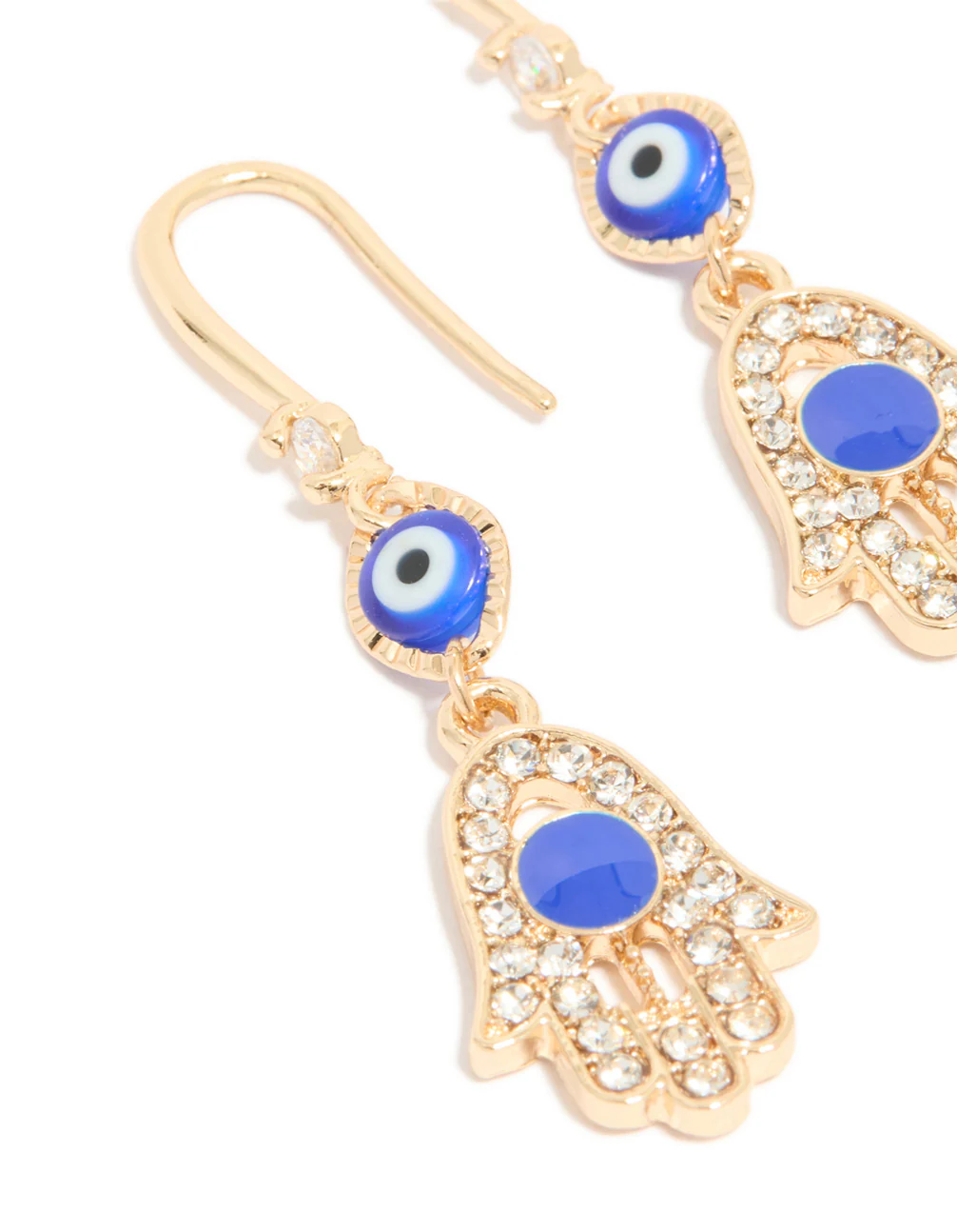 Gold Cubic Zirconia Evil Eye & Hamsa Hand Drop Earrings - Image 4