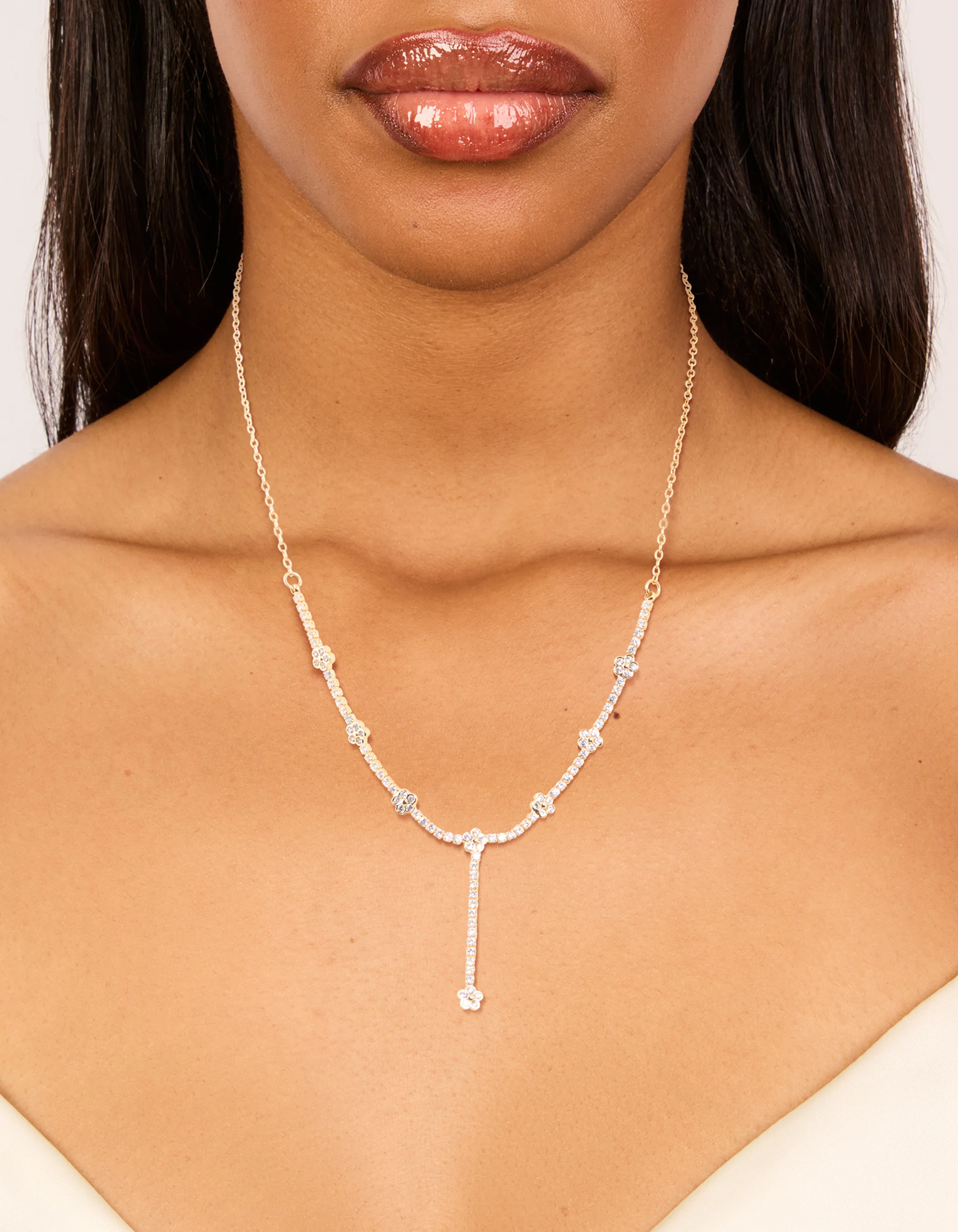 Gold Cubic Zirconia Floral Y-Necklace - Image 2