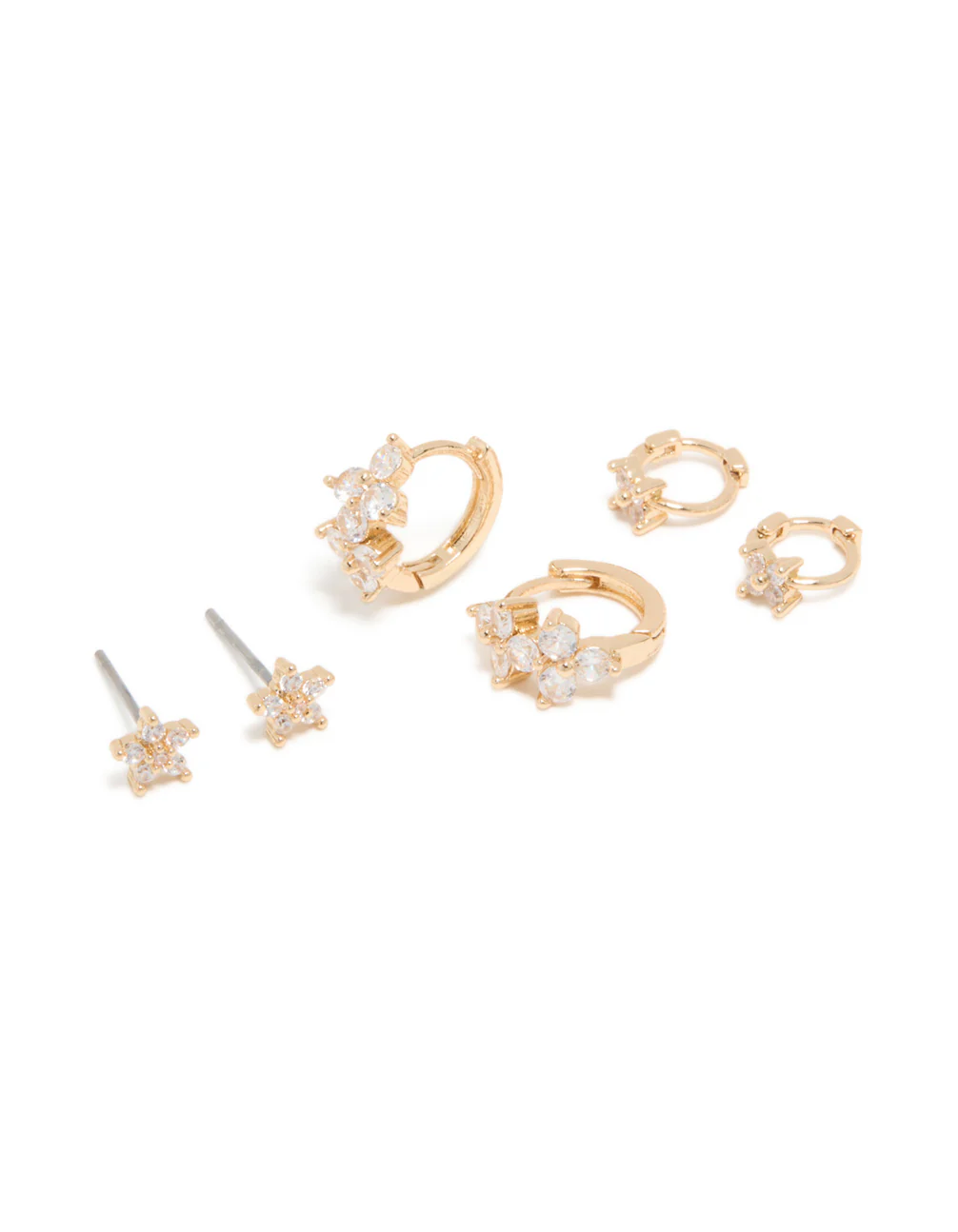 Gold Cubic Zirconia Flower Huggie & Stud Earrings 3-Pack - Image 2
