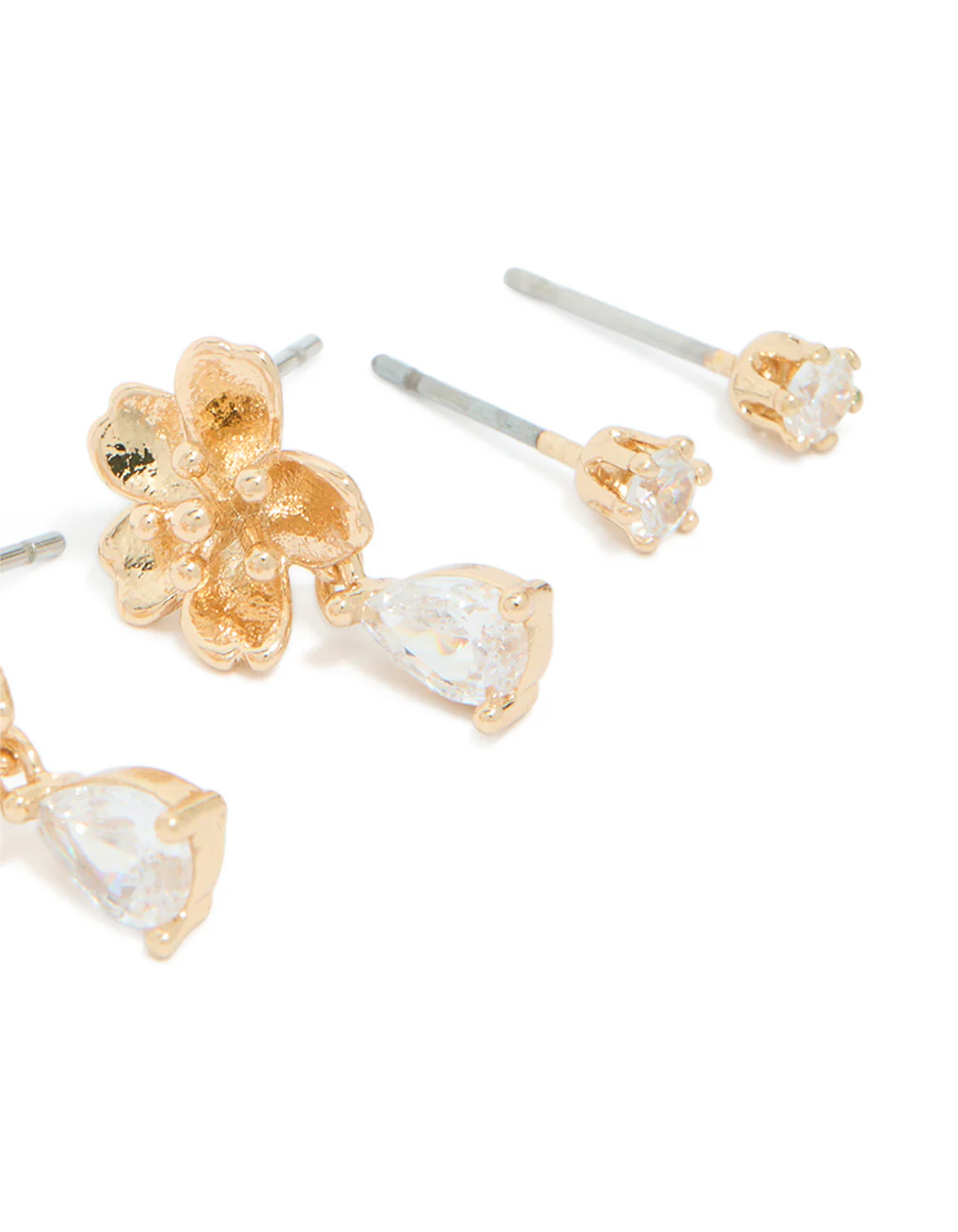Gold Cubic Zirconia Flower & Petal Earrings 3-Pack - Image 5