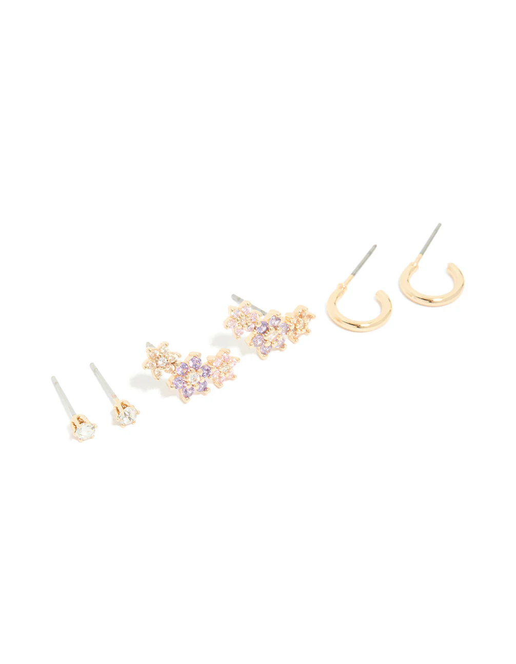 Gold Cubic Zirconia Flower Stud & Hoop Earrings 3-Pack - Image 2