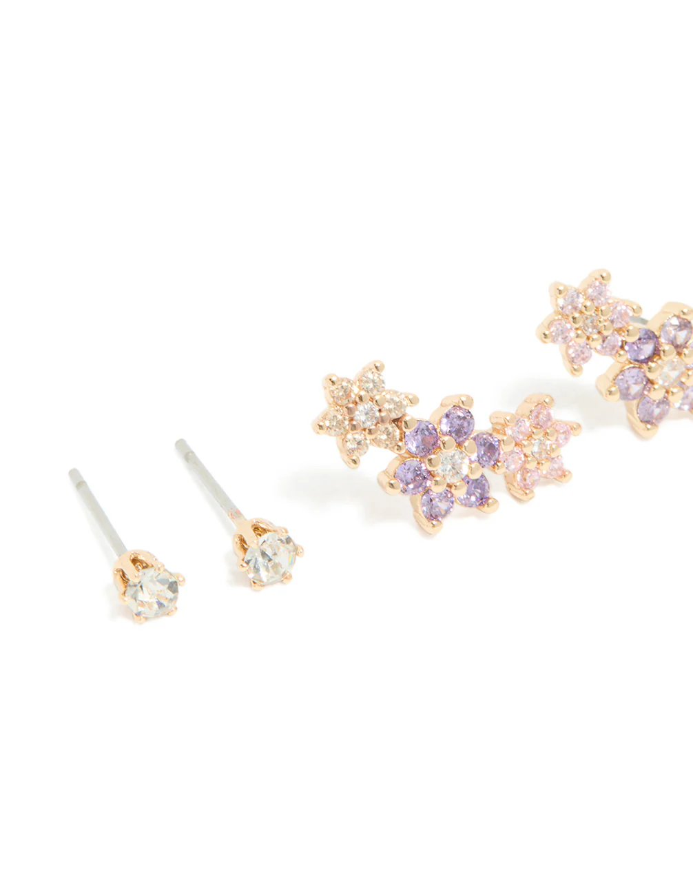 Gold Cubic Zirconia Flower Stud & Hoop Earrings 3-Pack - Image 4