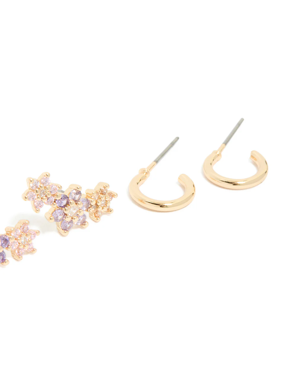 Gold Cubic Zirconia Flower Stud & Hoop Earrings 3-Pack - Image 5