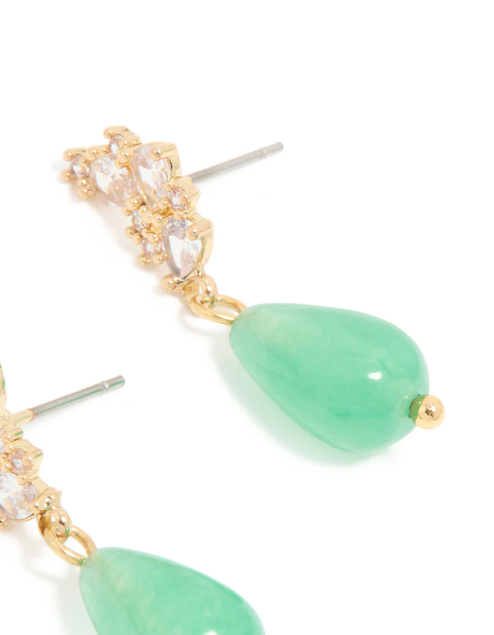 Gold Cubic Zirconia Green Jade Semi Precious Stone Beaded Drop Earrings - Image 5